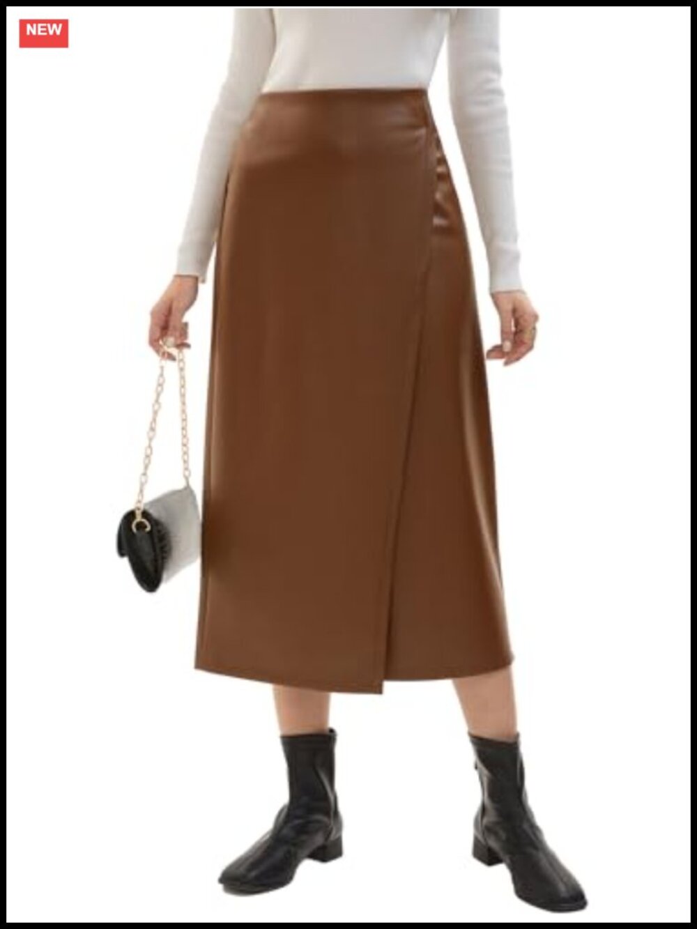 Faux Leather Midi Skirt High Waist Slit Pencil Work Casual